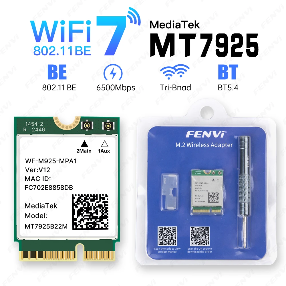 Fenvi 6500Mbps MT7925 M.2 WiFi7 Network Card Bluetooth 5.4 Tri Band 6G/5G/2.4GHz WiFi 7 Wireless Adapter for Windows 10/11