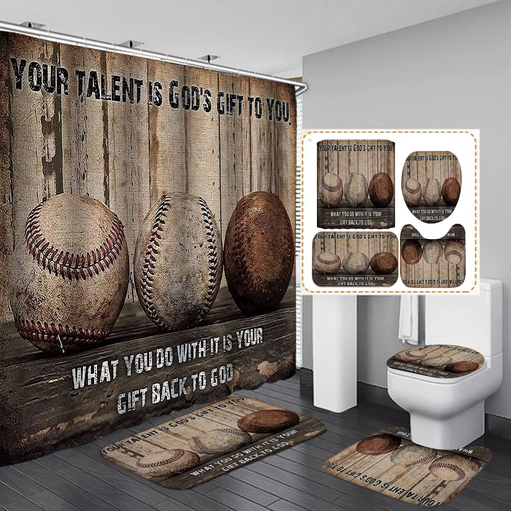 Ball Sports Shower Curtain Set Baseball Football Print Retro Wooden Farmhouse Bathroom Decor, Non-slip Bath Mat Toilet Rug 4pcs