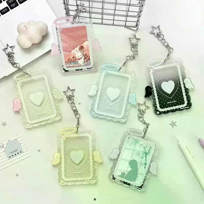 [MA]1Pcs 3 Inch Transparent Acrylic Photocard Holder Cartoon Angel Wing Star Keychain For Kpop Photos ID Cards[MA]