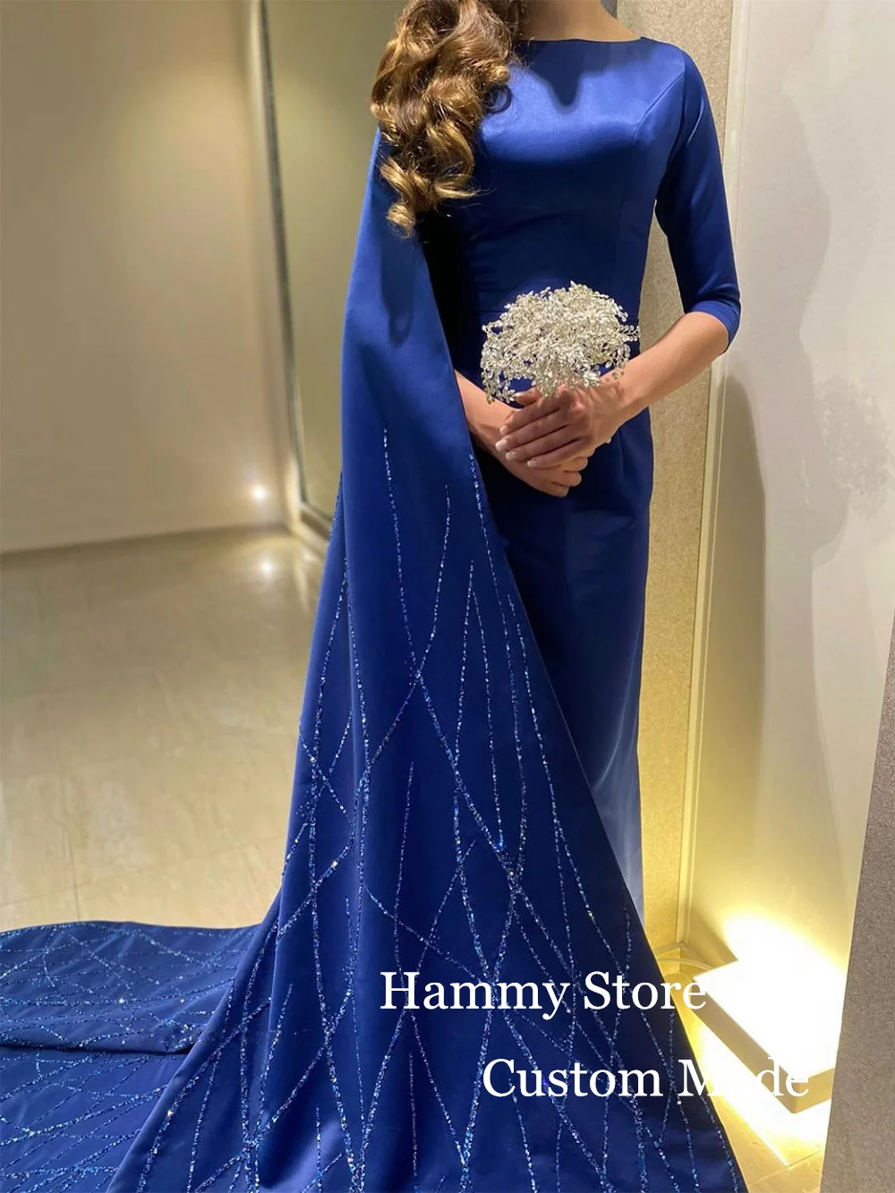 Royal Blue Evening Dress Saud Arabic Prom Dresses Customized 3/4 Sleeves Beading Wings Straight Party Gown Special Occasion