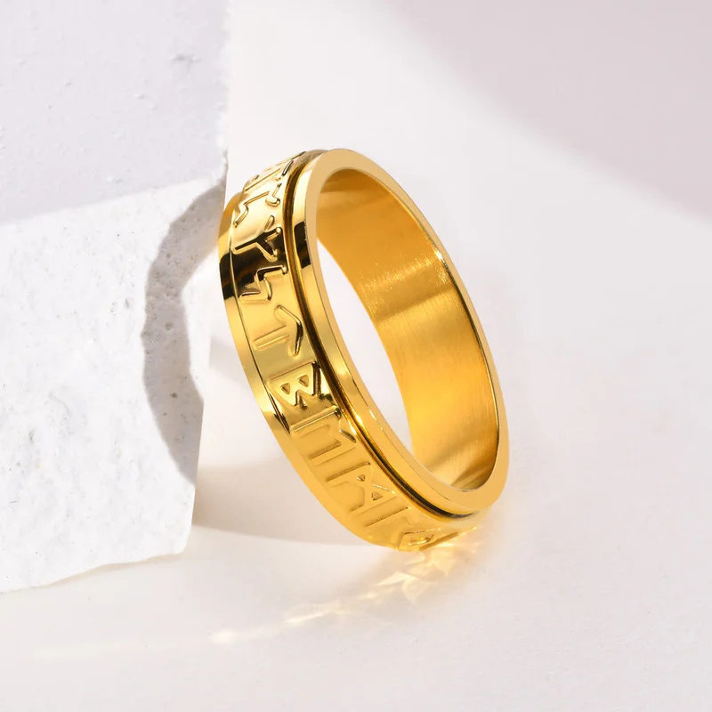 Design Gold Nordic Viking Script Stainless Steel Rotating Ring for Men Size 6-11