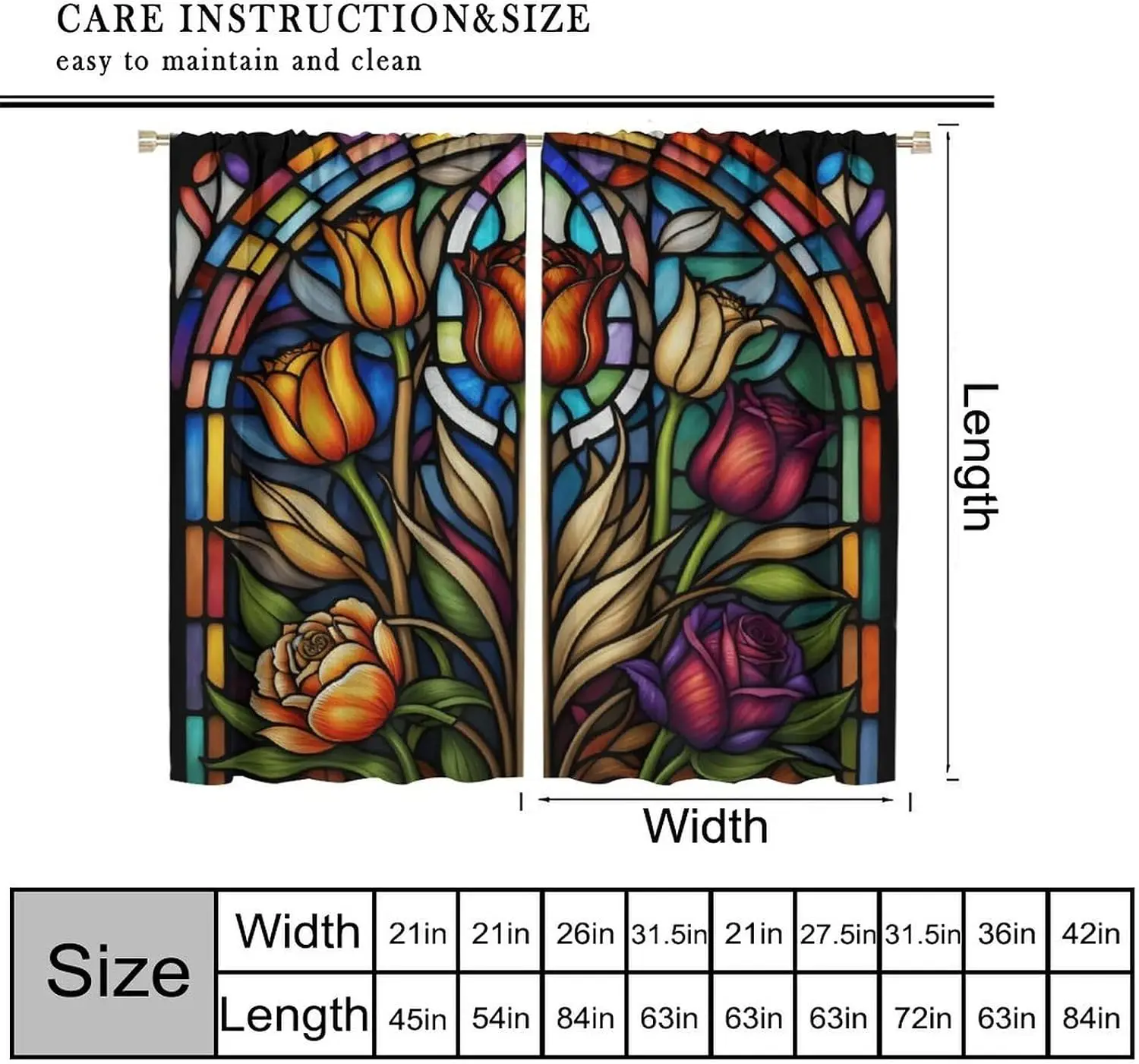Floral Stained Glass Curtain Panels Pair Window Decor Polyester Curtain Shower Curtain Gothic Victorian Style Home Accent Draper