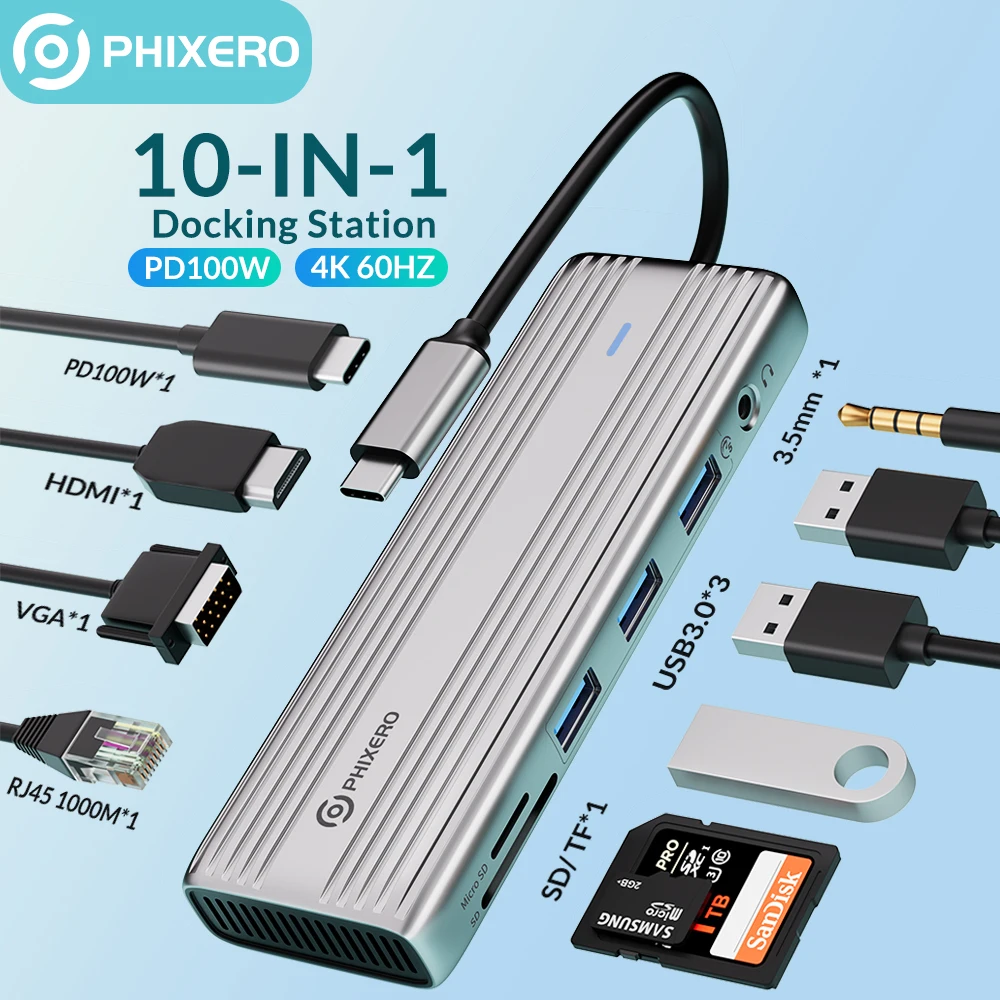 Phixero-ドッキングステーションタイプc,ハブから4k,60hz,hdmi互換,usb 3.0,アダプター,rj45 pd100w,macbook pro,pcアクセサリー用