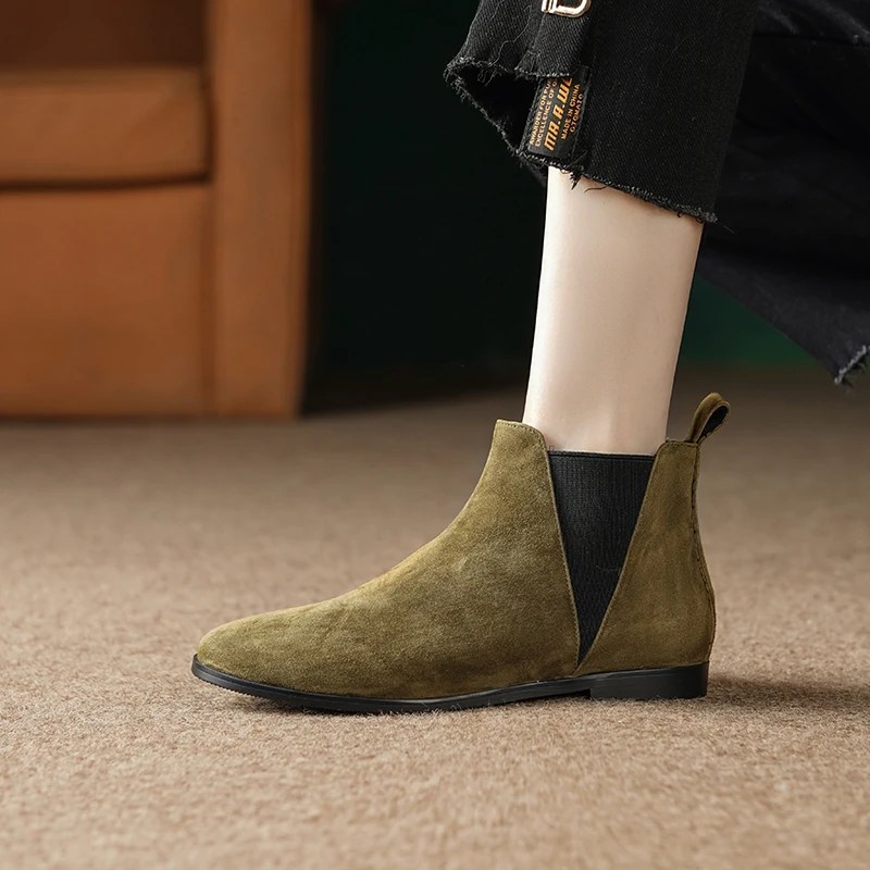 

Women's new genuine leather sheep suede round toe and calf low heel elastic plus size western short boots Chelsea fashion boots
