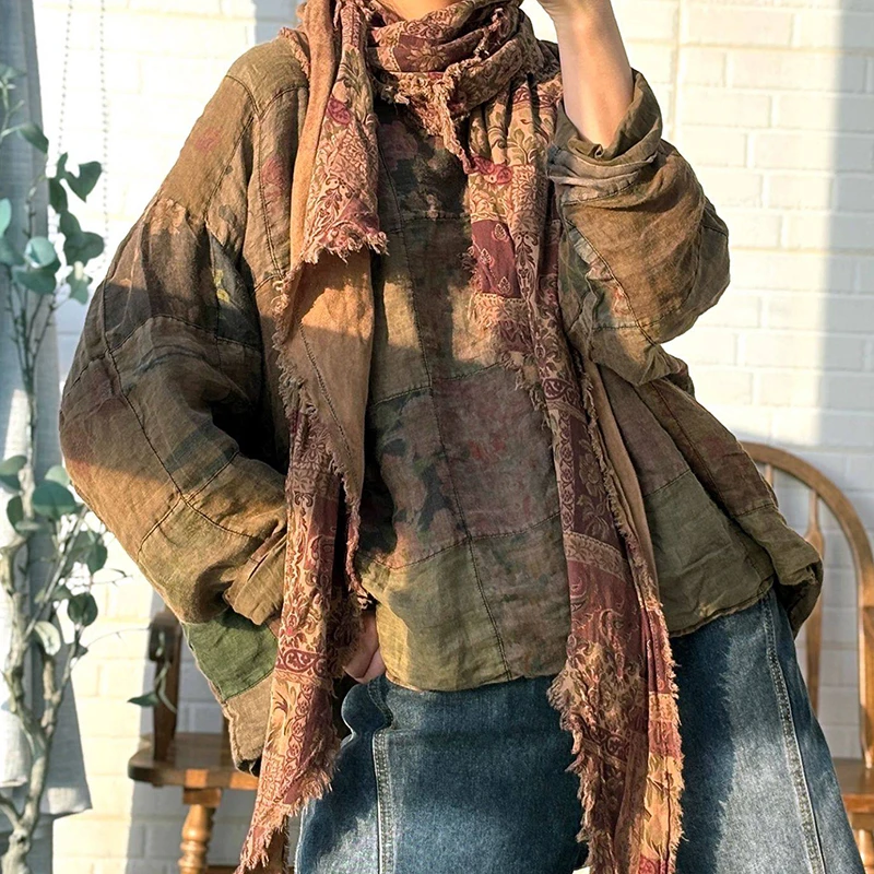 100% Linnen Vrouwen Casual Blouse Shirt Nieuwe 2025 Herfst Vintage Stijl O-hals Bloemenprint Losse Vrouwelijke Lange Mouw Truien M2191