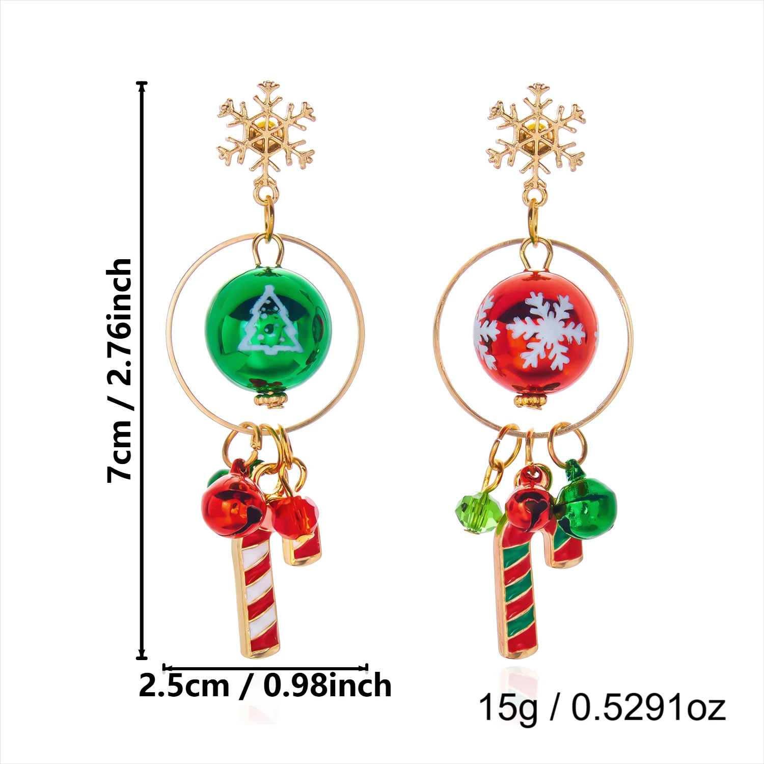 New Design Asymmetrical Snowflake Dangle Earring for Women Red Green Christmas Ball Bell Candy Cane Long Earring Holiday Jewelry