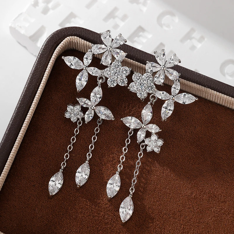 SENYU Fashion Sweet Pink Daisies Flower Long Earring Luxury Waterdrop CZ Crystal Shiny Jewelry Exquisite Bride Earrings