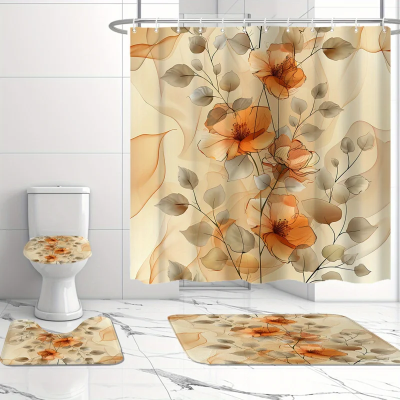 Orange Floral Shower Curtain Set with 12 Hooks, Water-Resistant Polyester Bathroom Decor with Non-Slip Bath Mat, Toilet Lid Cove