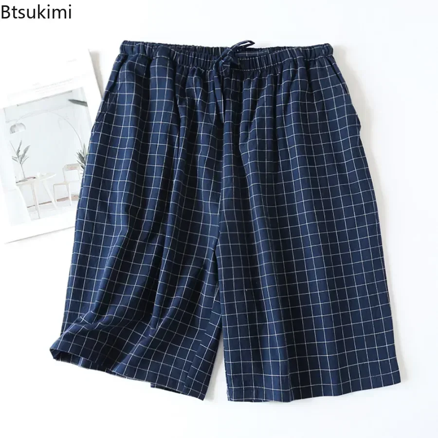 Shorts Pajama Pants 100% Casual Bottoms Double-layer Male Home Plaid Sleep Men's 2023 Loose New Sleepwear Design Cotton Homewear