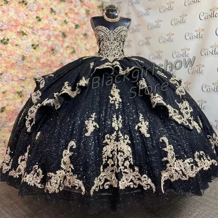 

Gothic Black Gold Quinceanera Dresses Sweetheart Ball Gown Princess Birthday Gown Lace-Up Birthday Sweet 16 vestidos de 15