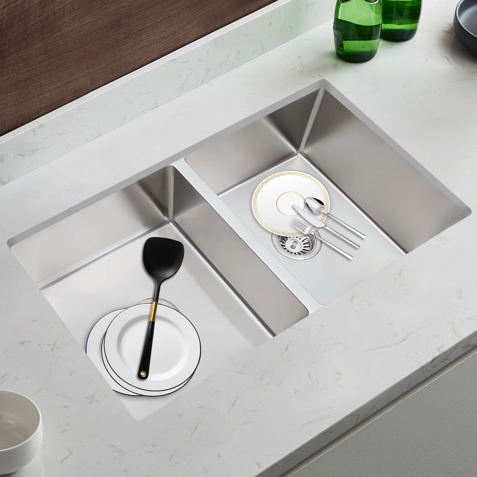 

Кухонная мойка из нержавеющей стали 304 с двумя чашами, глубокая врезная мойка с матовой отделкой и аксессуарами для дома, бара, прачечной, ресторана