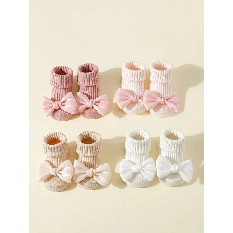 4 Pairs Toddler Socks with Bows, Soft Cotton Anti-Slip Ankle Socks for Infant Girls, Fashion Cute Newborn Baby Socks 0-24 Months