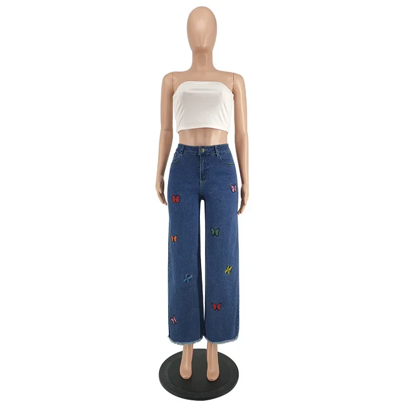 Retro Butterfly Embroidery Fringed Hem Jeans Women's Streetwear Loose High Waisted Straight Wide-leg Denim Trousers