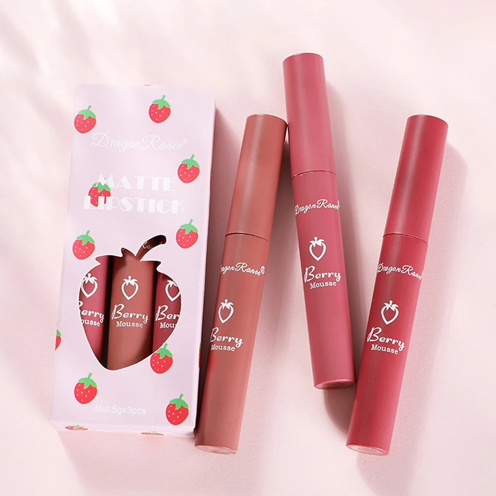 3 ชิ้น Strawberry Lip Glaze Set Velvet Matte Liquid ลิปสติกลิปสติก Non stick Cup