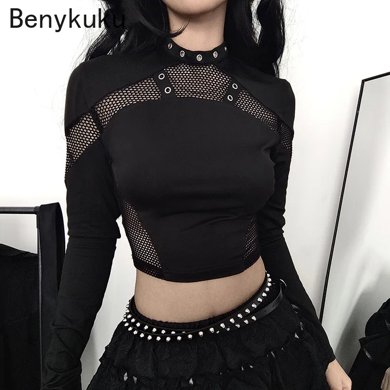 Gothic Fishnet Patches T-shirts Techwear Cyber Punk Grunge Hollow Out Skinny Crop Tops Black Eyelet Fashion Alt Clothes Black