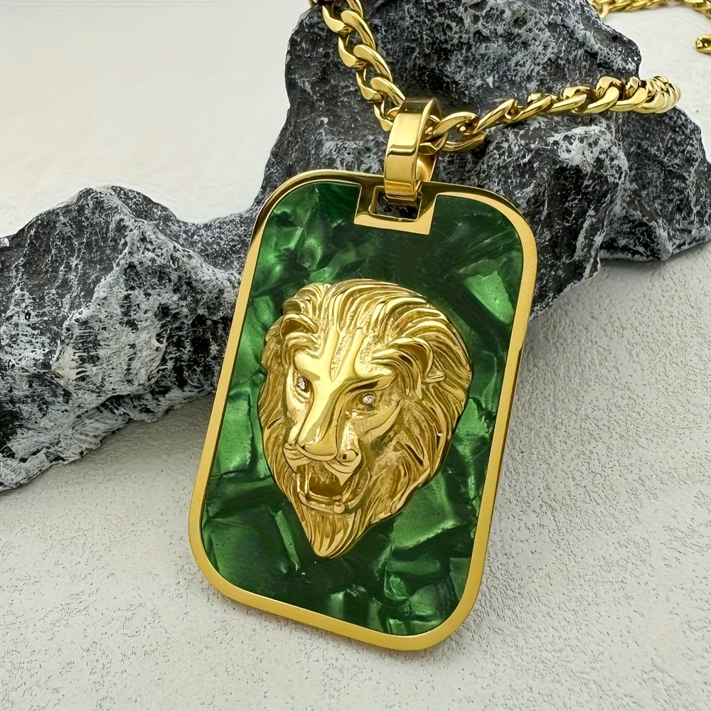 3D Lion Head Dog Tag Pendant Necklace Rhinestone Inlaid Eyes Hip-Hop Black/Green Shell Background 316L Stainless Steel Necklace
