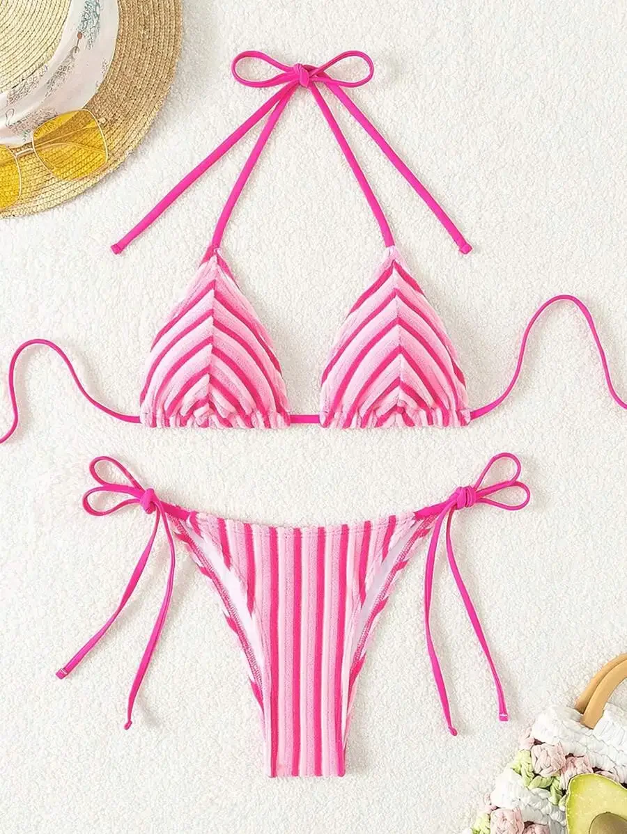 

Striped Halter Backless Cute Bikini For Women With Beach Strap, Swimwear Set For Summer