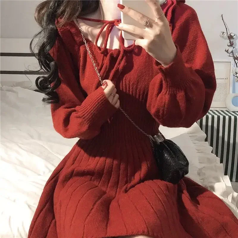 2025 Sweet Knitted Dress Women Autumn Winter Elegant Dress Female Red French Style Party Dress Clothes Lady - Image 5