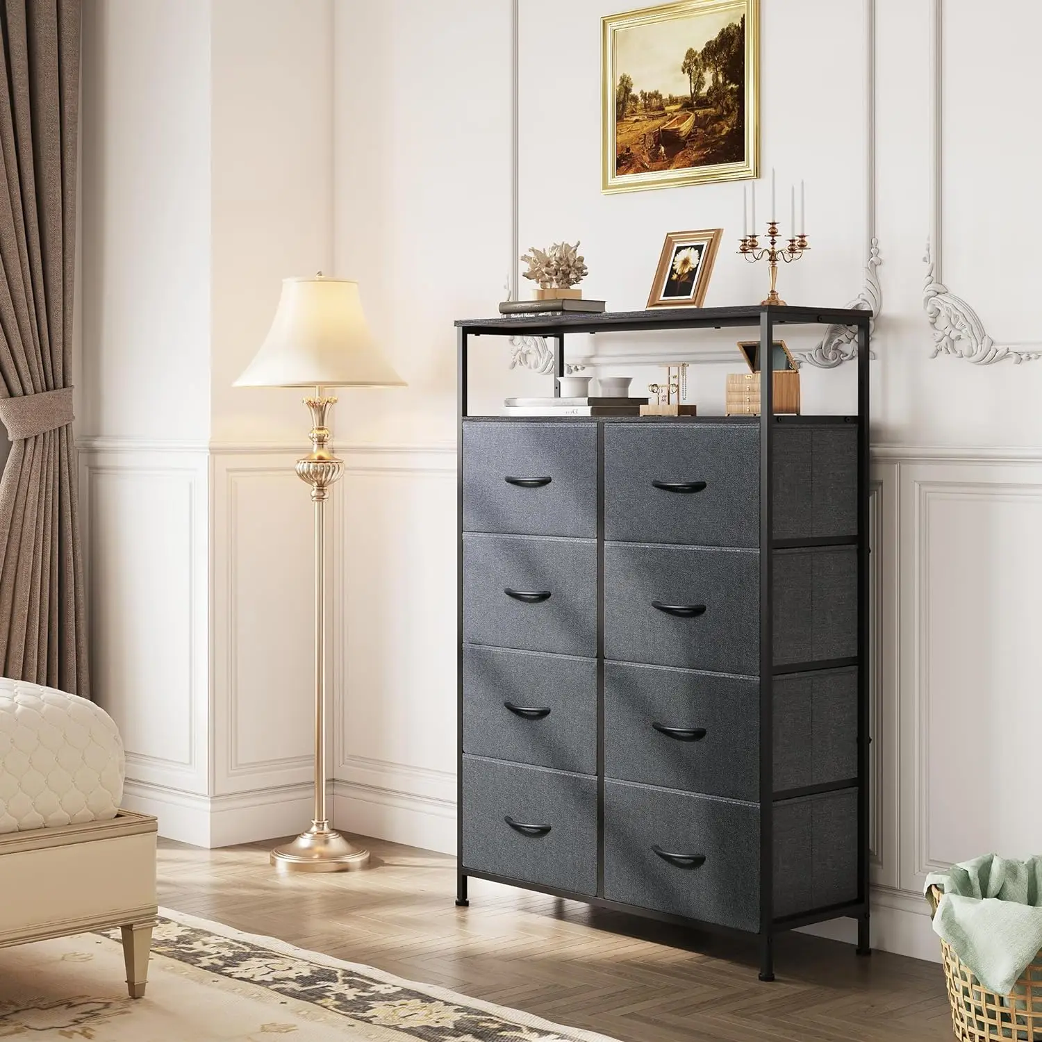 

Fabric Dresser for Bedroom with Open Shelves, Tall with 8 Drawers, Storage Tower with Fabric Bins, Chest of Drawers for Closet,