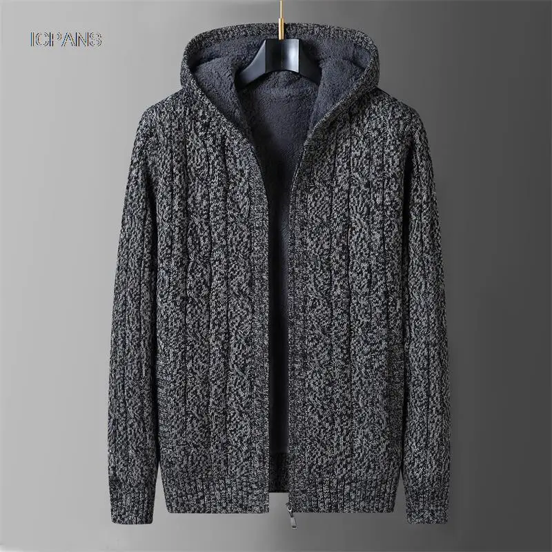 Men Fleece Warm Black Khaki Knit Winter Sweater  Wool Liner Cardigan Knitted  Hooded Sweater Knitwear Jackets Coat Clothing