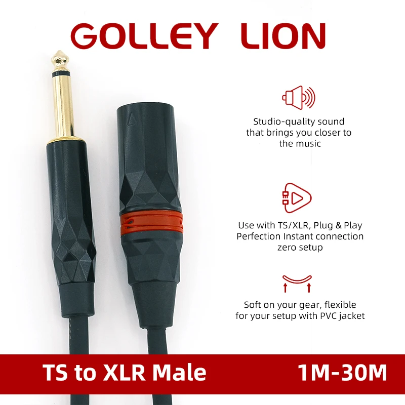 GOLLEY LION XLR Male to 1/4 Inch TS Cable, Gold-Plated Connectors, OFC Conductor, Professional Unbalanced Audio Cable