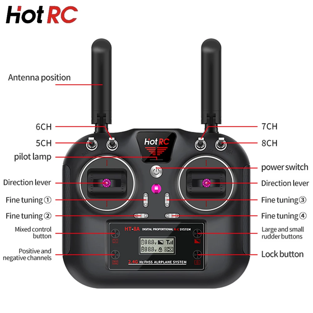 Hotrc Hot RC HT-8A HT8A 4.5-9V 2.4Ghz 8CH PWM FHSS nadajnik zdalnego sterowania F-08A F08A odbiornik do zdalnie sterowanej statek powietrzny