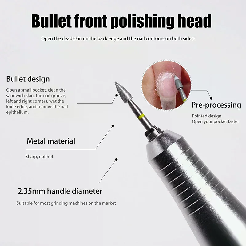 Brocas para unhas 3/32 '', cabeça de bala, fresa elétrica para manicure, cutícula rotativa, ferramentas limpas para unhas