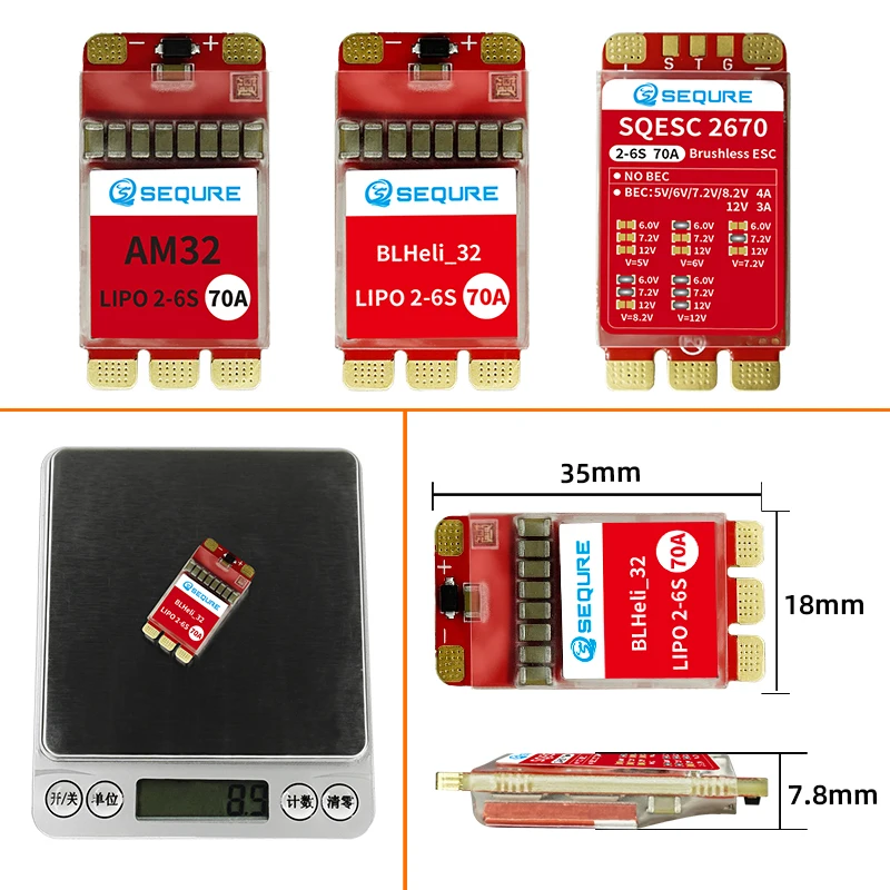 

SEQURE 2670 Brushless ESC 2-6S 70A Firmware BLHeli_32 / AM32 Supports For FPV Racing Drone UAV Model Boats Climbing Vehicles