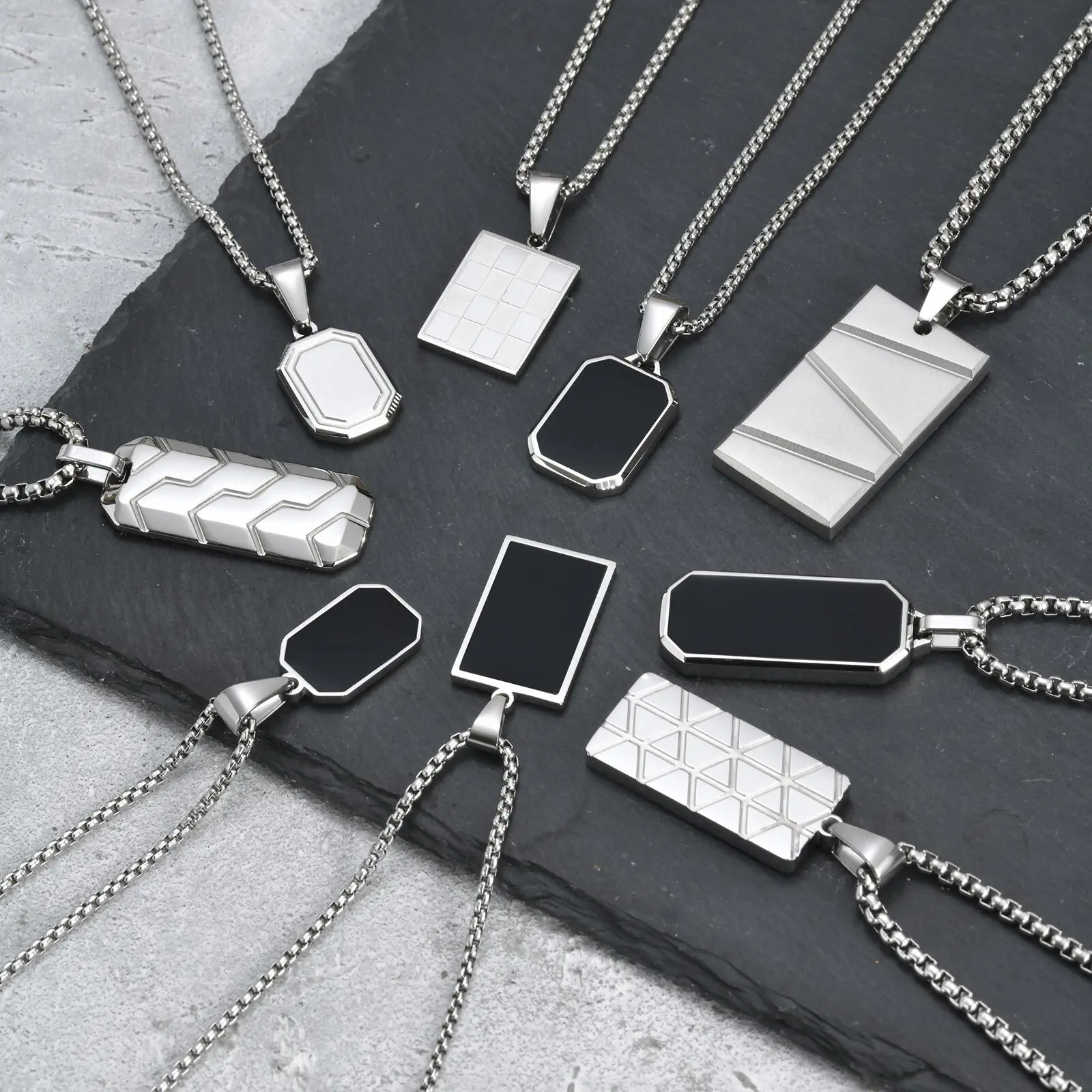 Vnox Kleine Dogtag-Anhänger Halsketten für Männer, Schwarz-Silberfarbener Edelstahl Militär-Erkennungsmarke mit Kastenkette Geschenk für Ihn – Detail 3