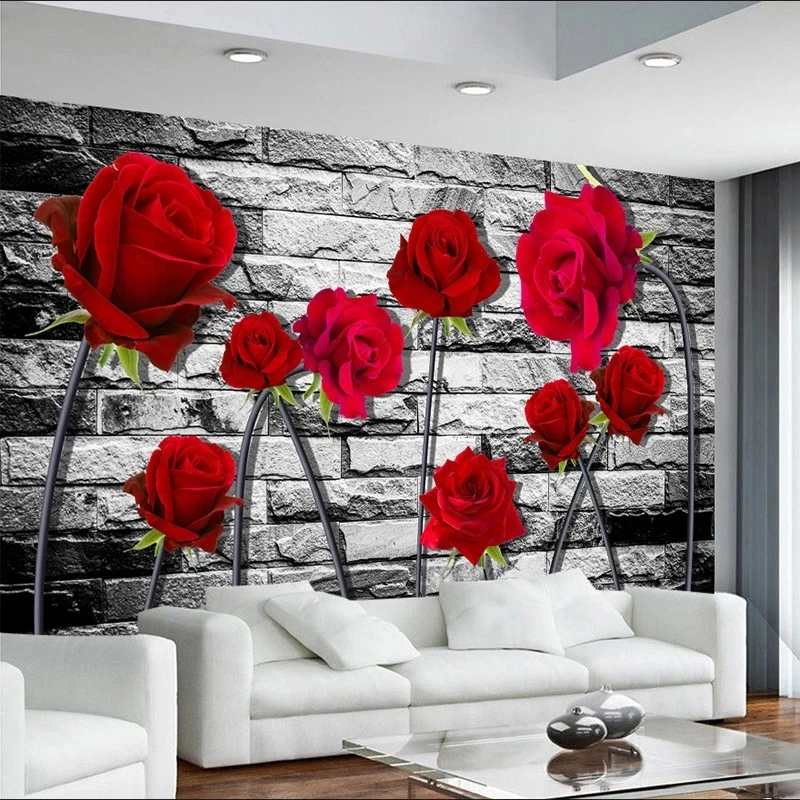 Customized 3D Wallpaper Romantic Fresh Red Rose Vintage Brick Mural Bedroom Flowers Living room TV background wall restaurant 8d