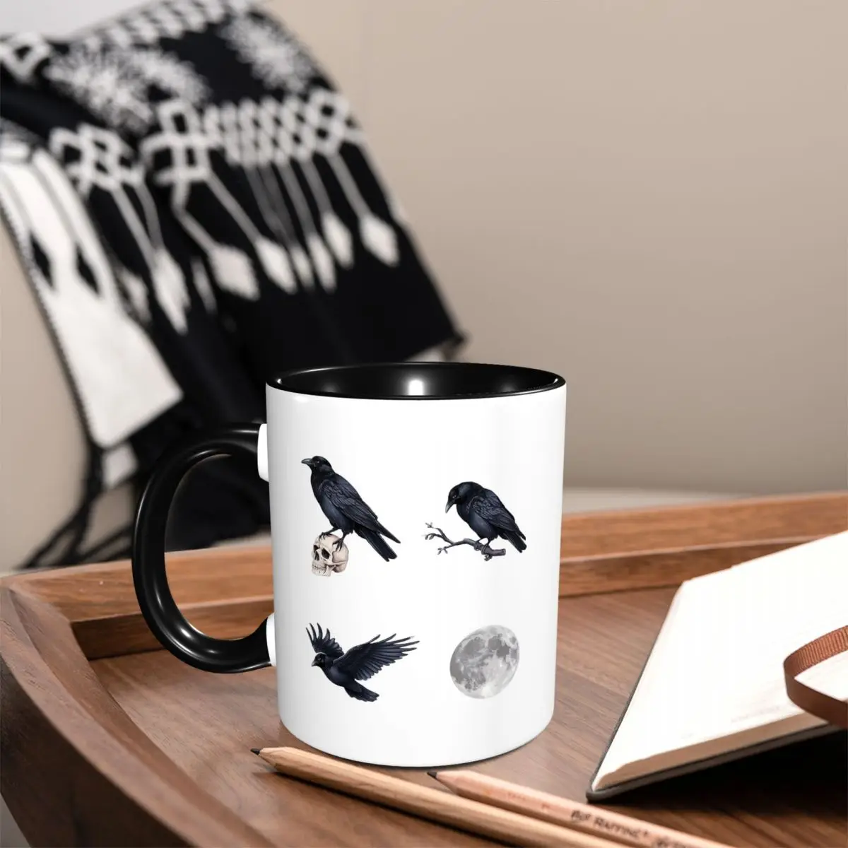Trendy Black Raven Crow ,skull And Moon Pack Mug Funny Ceramic Coffee Cups Tea Mugs Milk Cup Drinkware Gifts for Woman Man