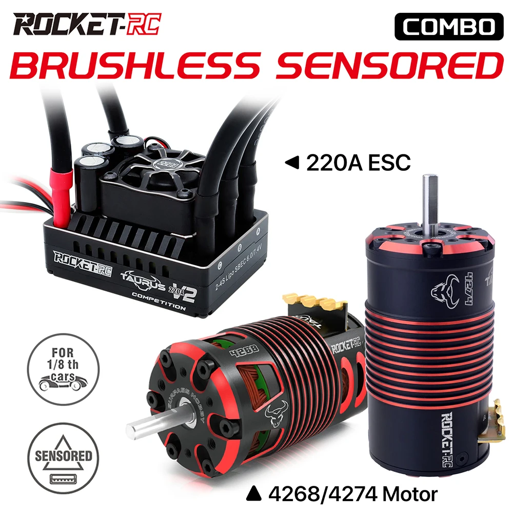 ROCKET-RC 220A Brushless ESC  2-4S Speed Controller 7.4V/6A BEC with Heatsink for 1/8 RC Car Off Road Buggy Replacement Parts
