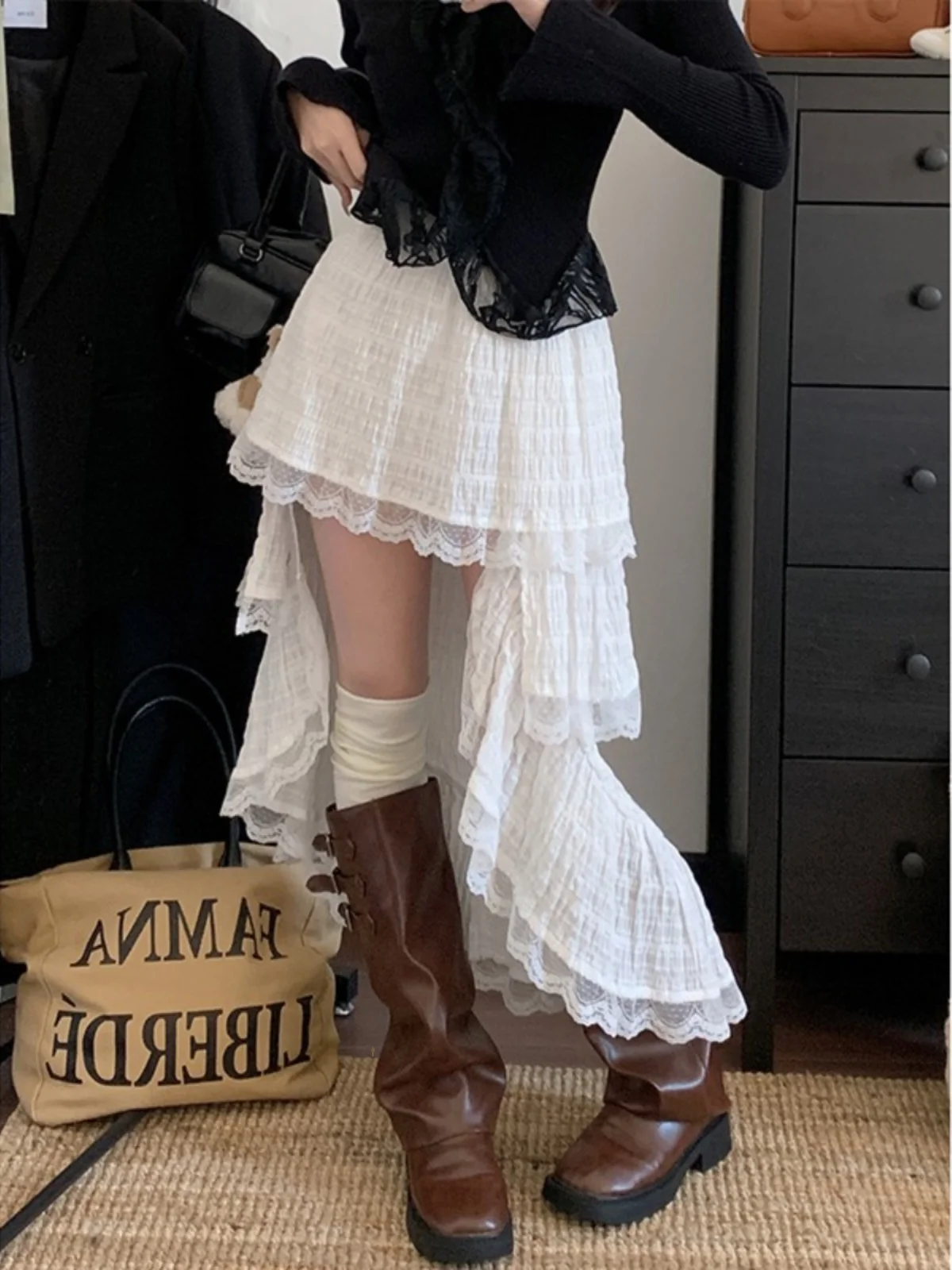 

plus Size Women's High Waist Lace Asymmetrical Skirt White Cake Sle Spring New Design Korean Sle Slim Fit ort Skirt