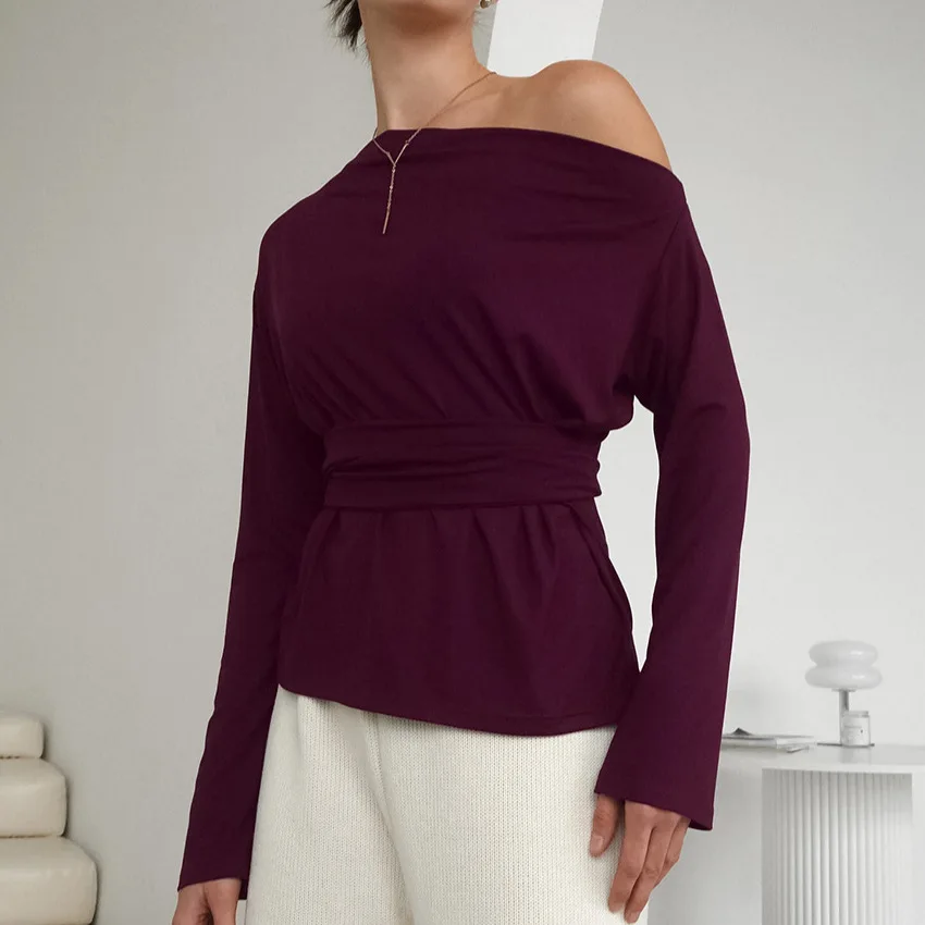 French-Style Off-Shoulder Elegant Tie-Waist Long-Sleeve T-Shirt Women, 2026 Spring New European And American Style Base Shirt,