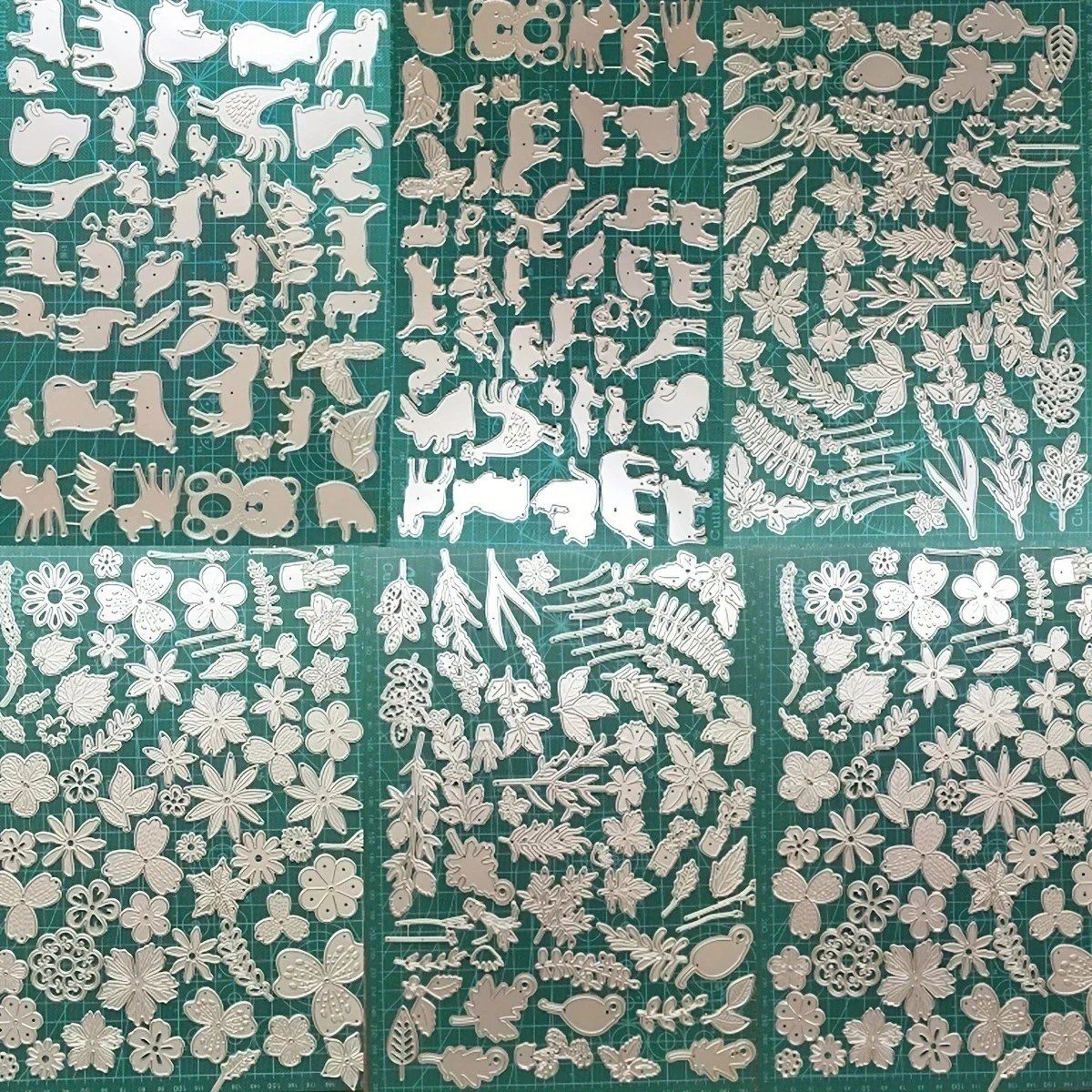 Metall-Stanzformen, zufällig ausgewählte Glücksbeutel, kleine Tiere, Spitze, Blume, Blatt, Dekoration, Hintergrund, Sammelalbum, Grußkarte