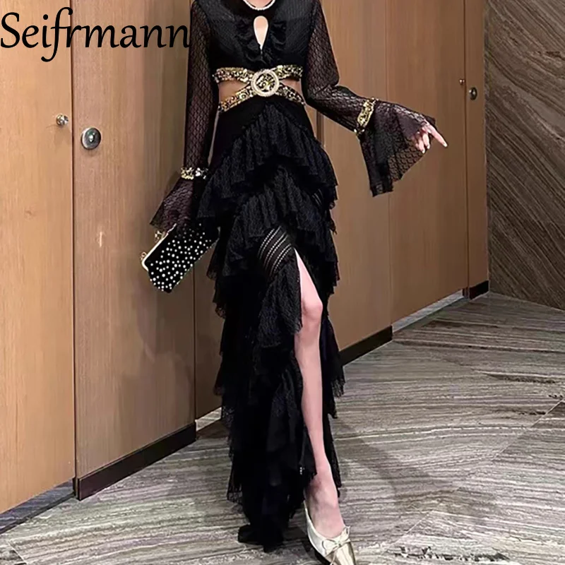 فستان استضافة مأدبة مسائية راقية من Seifrmann - فستان صيفي مطرز ومطرز بأكمام واسعة وشق وتصميم متعدد الطبقات