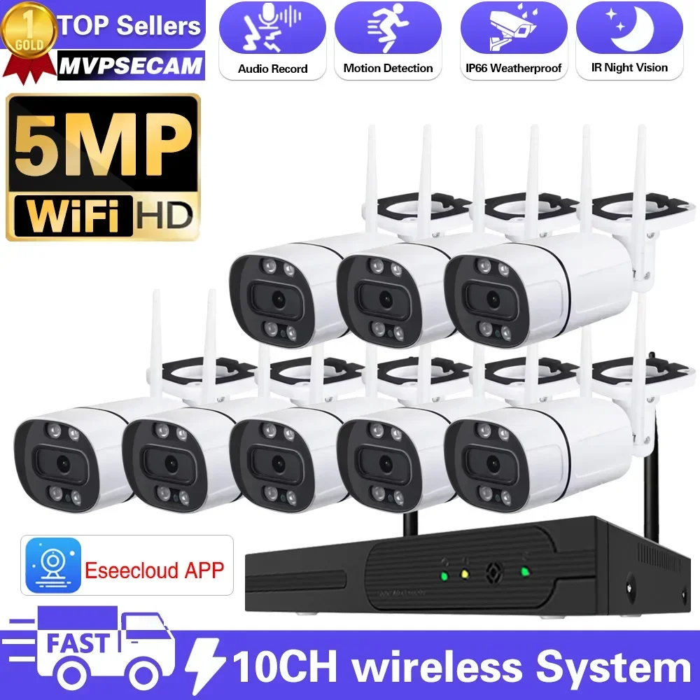 

10CH 5MP Wireless Video Surveillance Security Camera System 10CH P2P NVR Two Way Audio Color Night Vision WIFI IP Bullet Camera