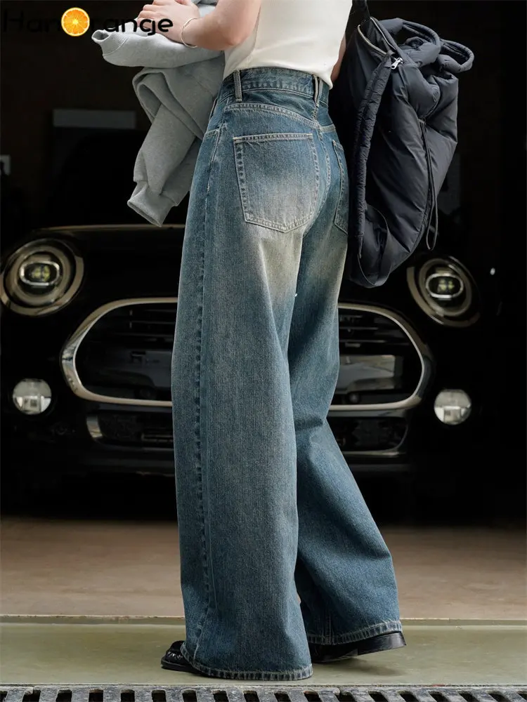 HanOrange 2024 Autumn Retro Washed Wide Leg Jeans Women High Waist Relaxed Denim Pants Female Vintage Blue