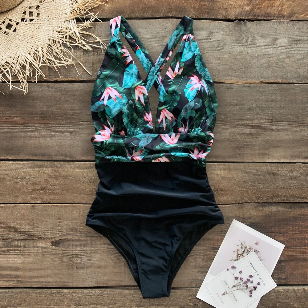 

Green In The Forest One-piece Swimsuit Women Deep V neck Back Cutout Ruffle Monokini 2021 Summer Bathing Suit Swimwear Monokini