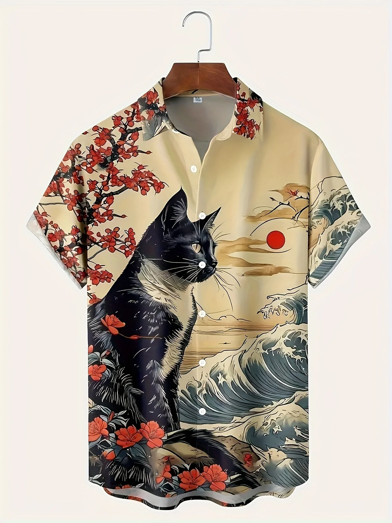 Men Short Sleeve Shirt Ukiyo‑e Black Cat Wave Cherry Blossom Print Turn‑Down Collar Button‑Up Summer Top