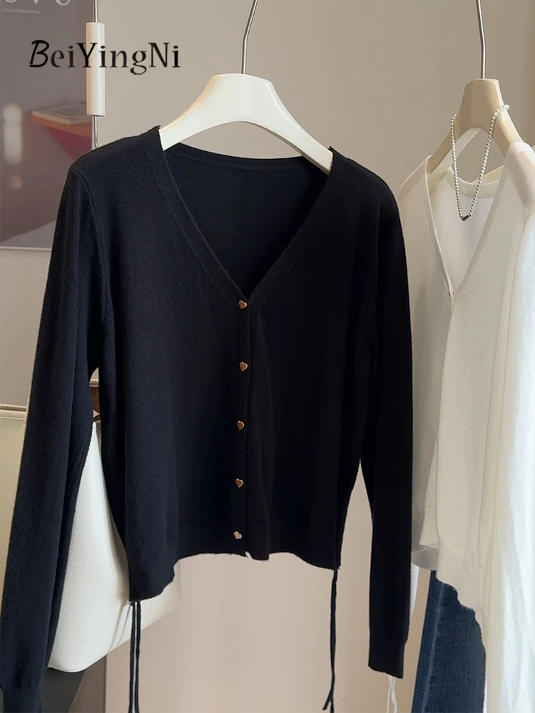 Beiyingni V-neck Knitted Cardigans Female Single-breasted Drawstring Black Casual Women's Sweater Plain Warm 2025 Winter Clothes