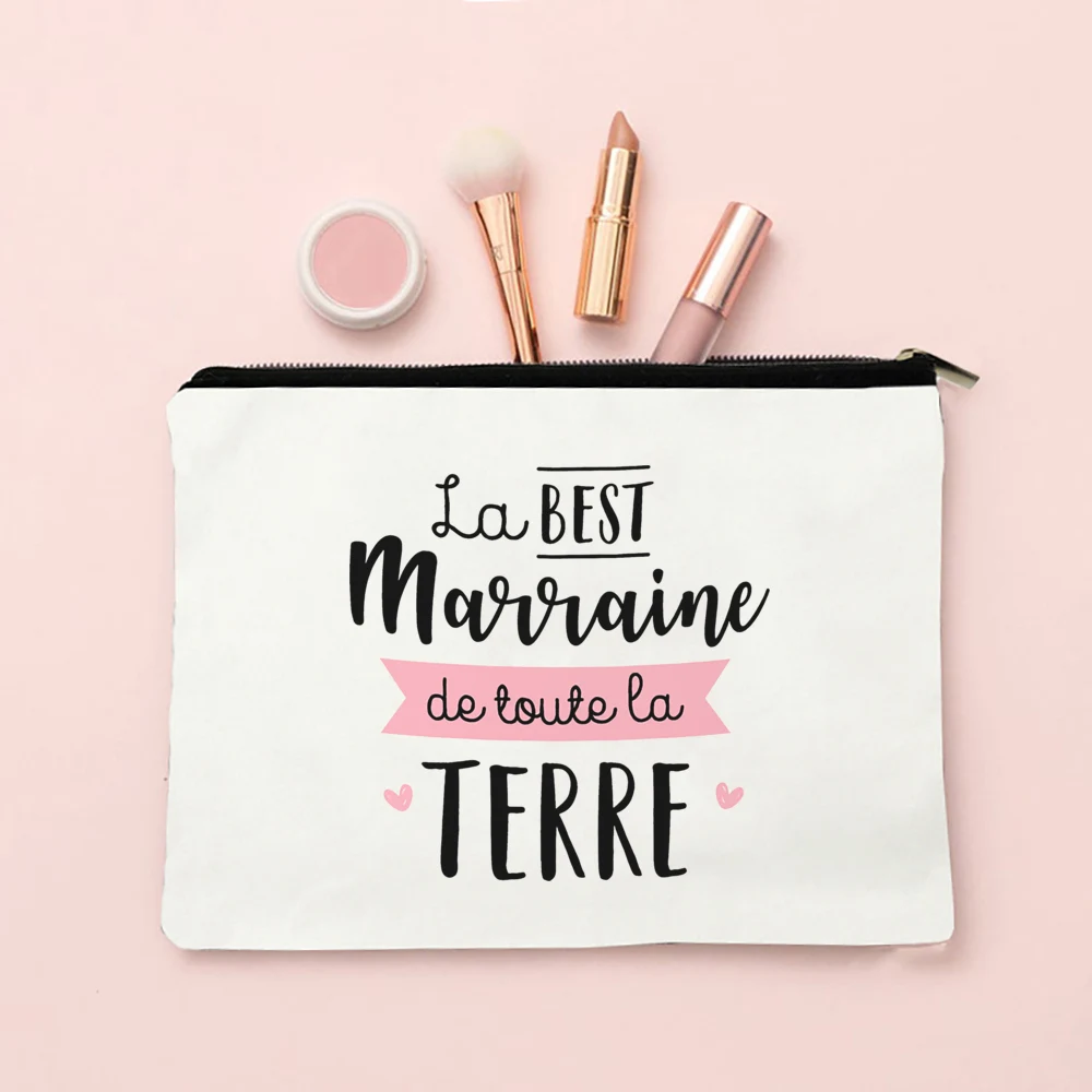 Bolsas de maquillaje con estampado francés de la mejor madrina, organizador de artículos de tocador de viaje, bolsa de almacenamiento de lavado para