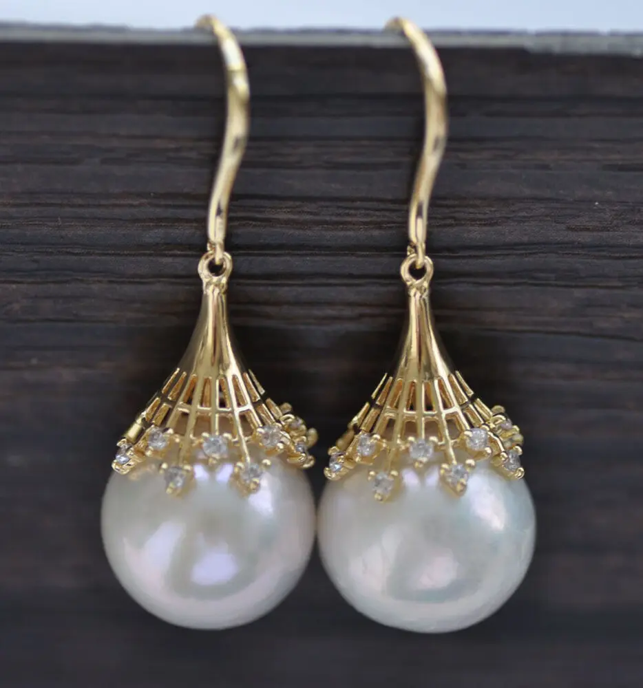 14mm White Round Edison Keshi Pearl Dangle Earring CZ