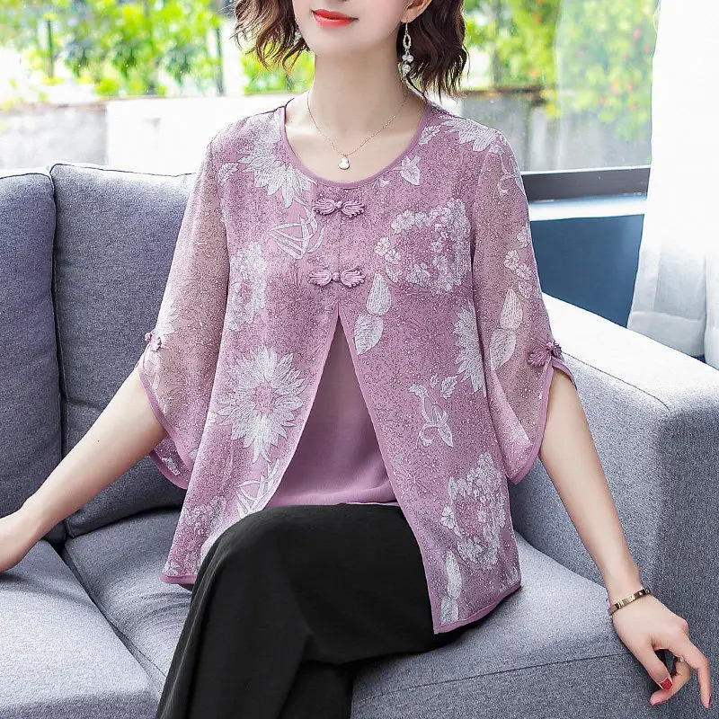 Elegant Commute Printed Spliced Fake Two Pieces T-shirt Summer New Fashion Women's Clothing Casual 3/4 Sleeve Round Neck Tops