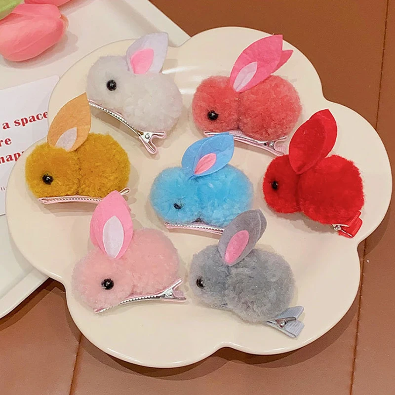 2pcs Cute Plush Bunny Hair Clip Sweet Winter Mini Stuffed Rabbit Ear Duckbill Bobby Hairpins For Baby Toddlers Children\'S Gifts