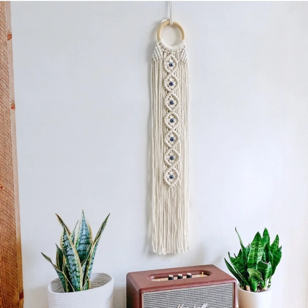 Bohemian Style Cotton Rope Tapestry With Wooden Pole One-eyed Design DIY Wall Art With Tassel Hand Woven Wall Hanging Tapestry