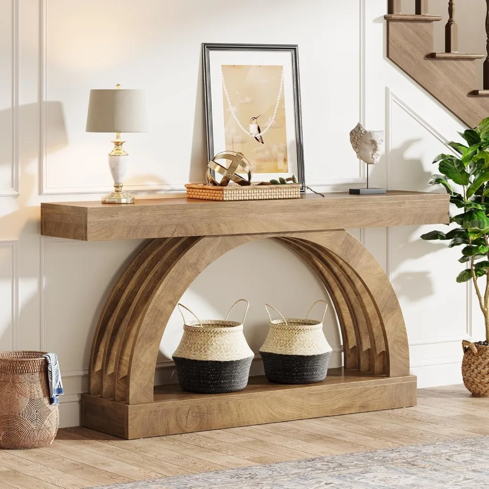 63Inch Long Entryway Console Table, Farmhouse 2-Tier Sofa Table Behind The Couch