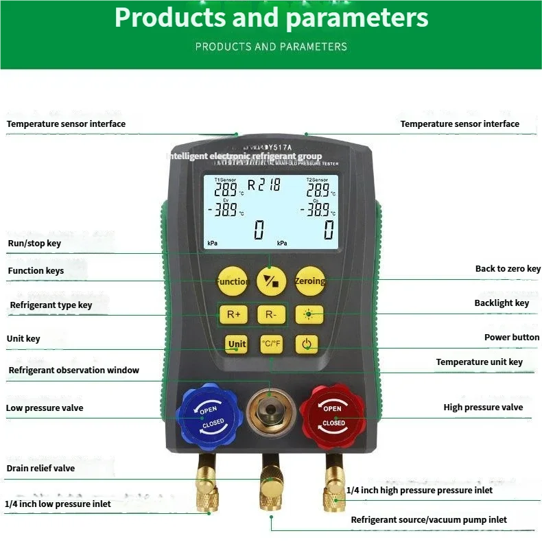 DY517A Car AC Pressure Gauge, Refrigerant Charging Leak Detection Tool, Refrigerant Manifold Gauge Set for Auto Repair Shop