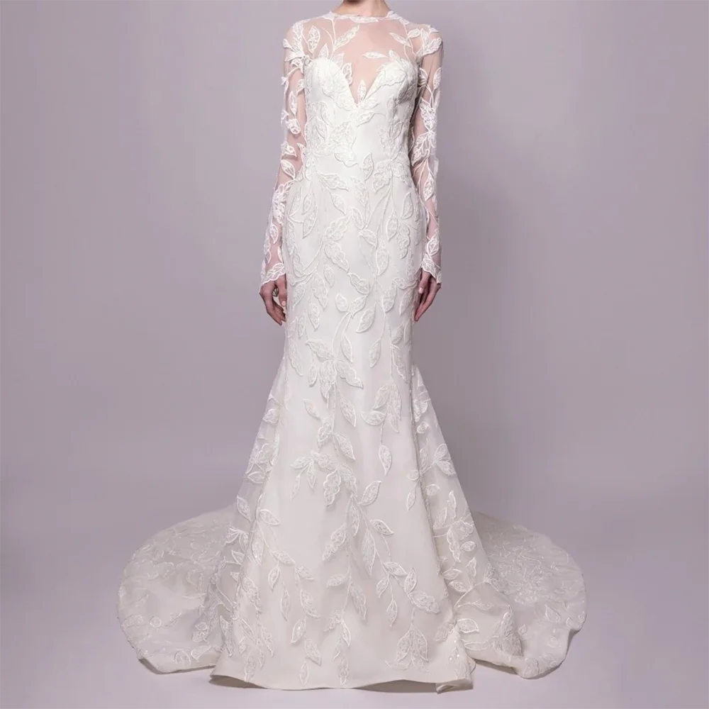 

Элегантные кружевные аппликации с круглым вырезом и длинными рукавами, свадебные платья русалки для невесты, свадебные платья по индивидуальному заказу