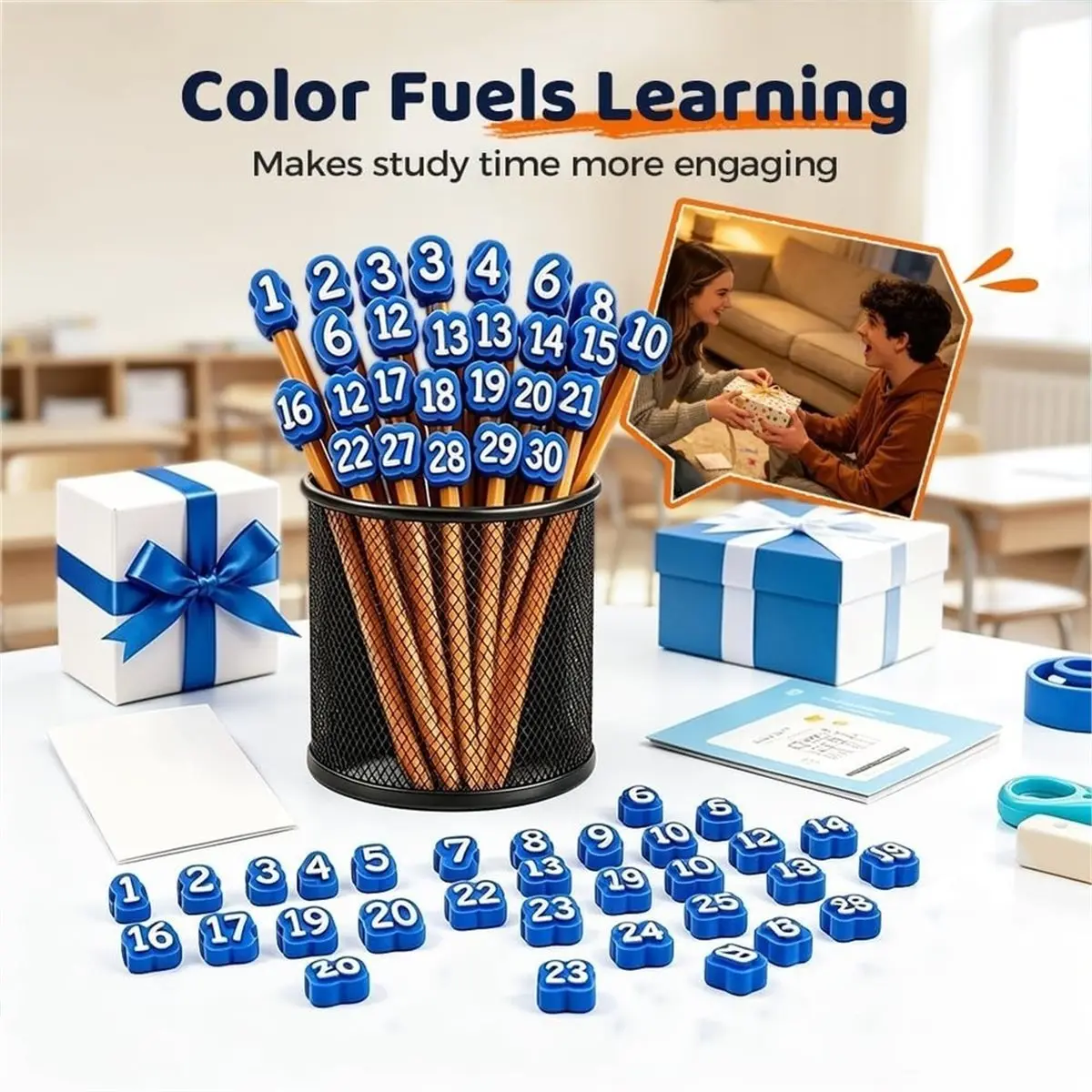 Numbered Pencil Toppers,50 PCS Reusable Classroom Labels and Identifiers, Cute 3D Pencil Charms for Teachers Student A